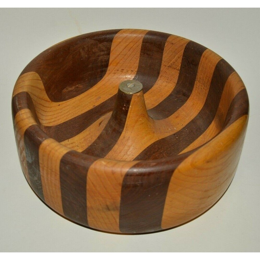 Nice Vintage Beautiful Handmade Striped Wooden Bowl COIN Center Rare ENGLAND